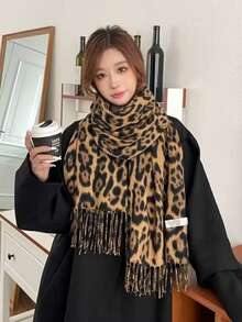 Thick Cashmere Scarf With Leopard Print And Fringe, Perfect For Autumn And Winter 220G - 米黃色 - 查看 1