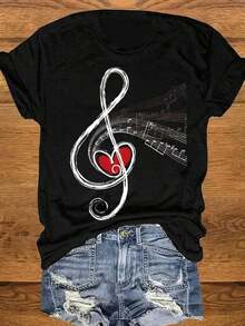 Camiseta gráfica de manga corta con cuello redondo de estilo casual y simple con estampado de notas musicales y corazones para mujeresPure-Cotton - Negro - Ver 7
