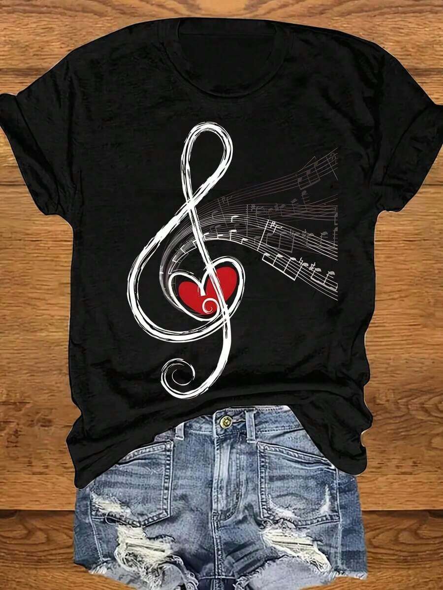 2026 T-Shirt Grafica Casual E Semplice Con Stampa Di Note Musicali E Cuori, Girocollo, Maniche Corte, Per Donna, Top Da Donna, T-Shirt Da Donna, T-Shirt Grafiche Per Donna, T-Shi - 黑色的 - 查看 1