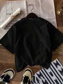 Women's Short-Sleeved, Round-Neck, Loose-Fitting, Logo And Heart Print, Urban Style, Leopard Print - Hitam - View 2
