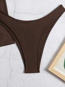 Women's Solid Color Sexy Elegant Tie-Back Backless Bikini Set, Suitable For Vacation & Beach Summer - Coffee Brown - View 3