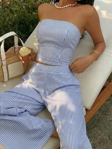 SunnyBelle Conjunto de top bandeau a rayas amarillas y pantalones pitillo de talle alto para mujer, conjunto de vestimenta versátil y de moda para calle y vacaciones, primavera/verano - Azul - Ver 6