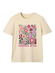 Women's Short-Sleeved T-Shirt With A Round Neck And Sheep Slogan Print, New For Summer, Simple, Fashionable, And Versatile, Suitable For Everyday Wear. Available In White, Black, And Pink. Unisex Cotton Short-Sleeved Round-Neck T-Shirt, Casual Vintage Urban Style. - 杏 - 查看 3