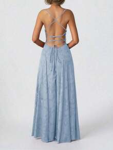 Vestido de verano sexy y elegante para mujer de Unadoll, con cinturón de cordón en la cintura y diseño sin espalda, hecho de tela jacquard, adecuado para vacaciones, playa, citas, vuelta al colegio, bodas, fiestas y otras ocasiones - Azul - Ver 2