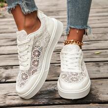 Women's Lace Mesh Platform Lace-Up Sneakers, Casual Korean Style Spring Versatile Student White Shoes - White - View 3