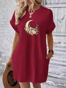 Verano suelto casual señoras vestido corto camiseta impresa con la luna y la flor impresiones - Rojo - Ver 4