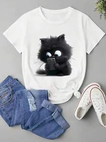 Camiseta Casual Creativa de Gato para Mujer - Blanco - Ver 2