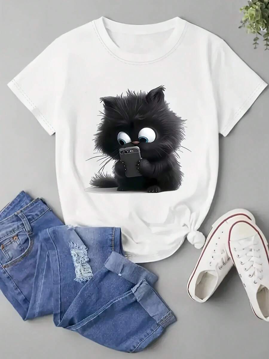 Camiseta Casual Creativa de Gato para Mujer
