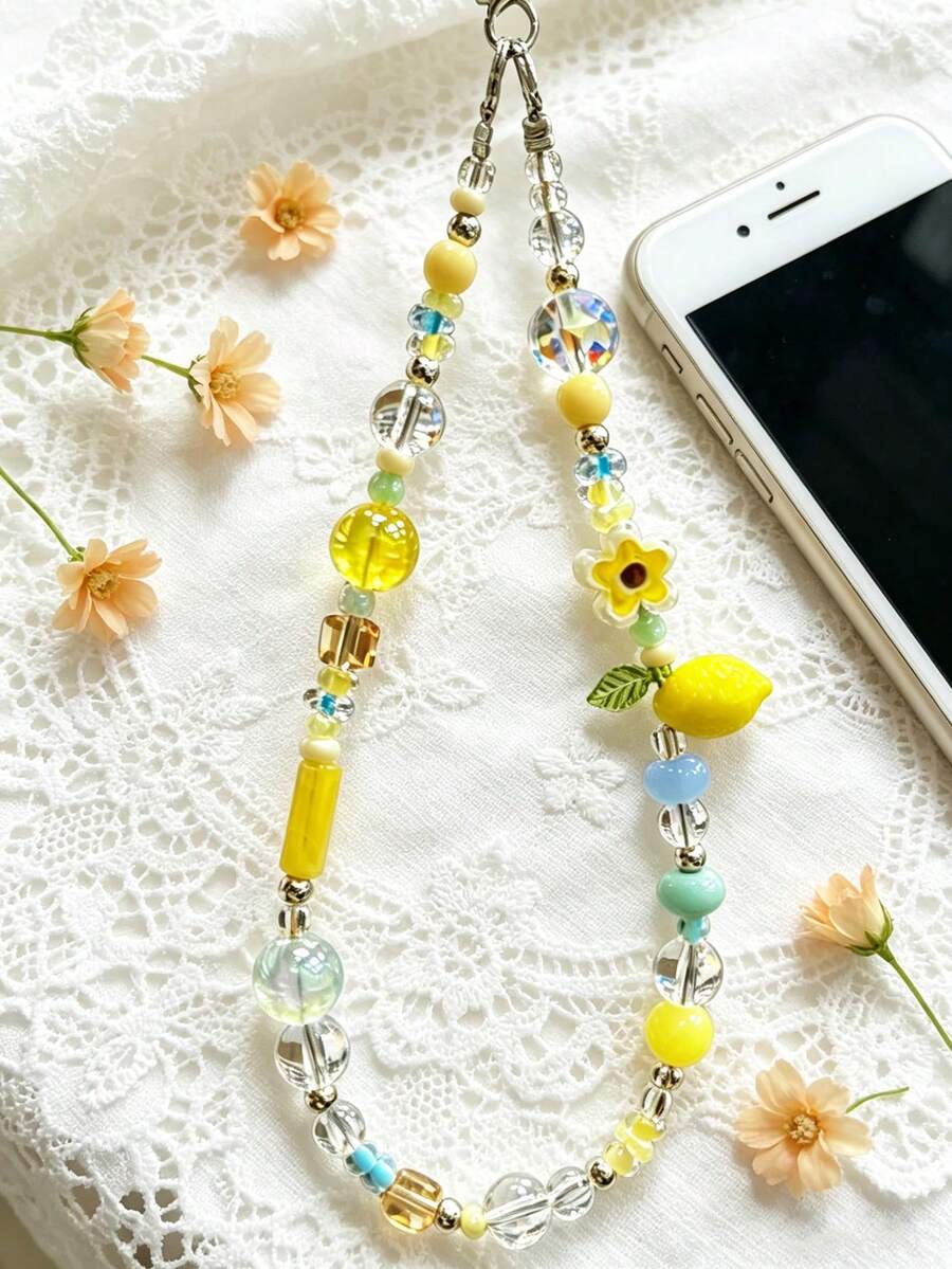 【清新夏日风】柠檬花朵串珠手机链,夏日美学手机手链,可爱防丢手机挂绳,CCD相机吊坠,包包吊坠——为您的日常穿搭增添明亮欢快的气息,是夏季穿搭和海滩旅行的完美之选。 - 彩色 - 查看 1