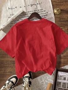 Camiseta de manga corta con cuello redondo con estampado de leopardo y estrella para mujer, casual de verano - Rojo - Ver 2