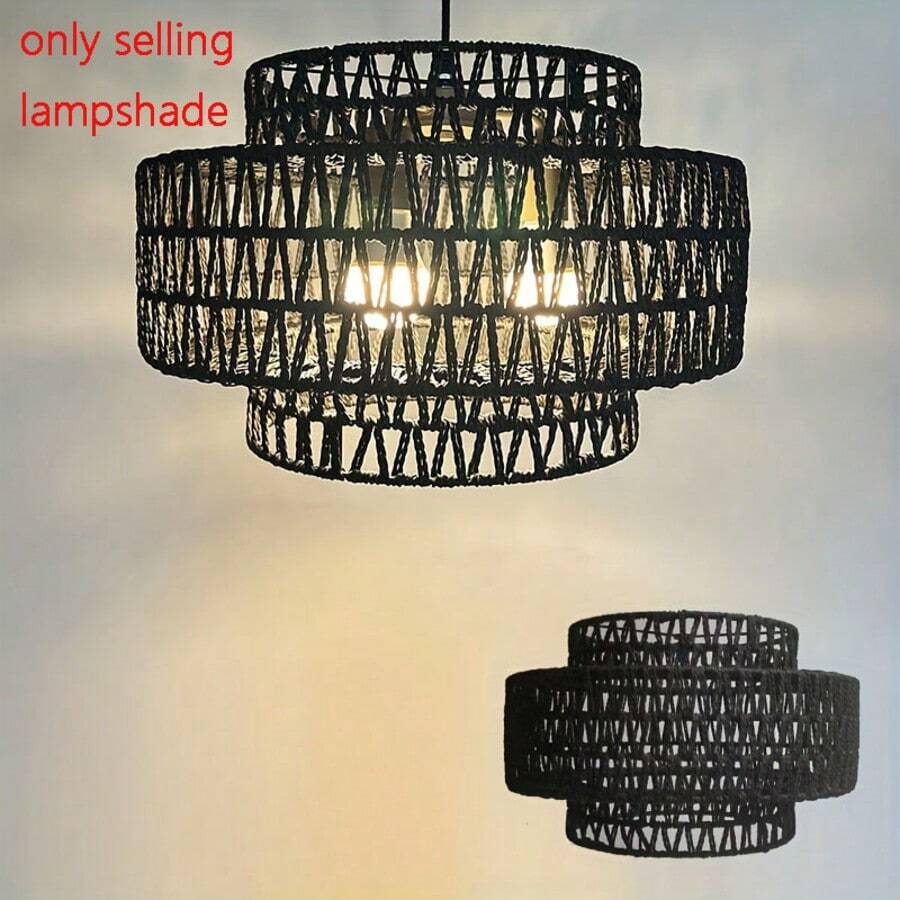 Pantalla de lámpara de estilo bohemio de 45 cm de alto x 45 cm de ancho x 29 cm de profundidad, pantalla de lámpara de 3 capas de ratán natural para reemplazar la lámpara colgante - negro - Ver 1