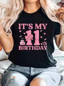 It's My 11th Birthday, Aesthetic Birthday T-Shirt With Pink Bow Coquette Style, Y2K Style T-Shirt, Summer T-Shirts, Summer Sets, Daily Casual T-Shirts, Summer Short Sleeve Casual T-Shirts. - 黑色 - 查看 10