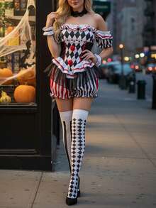 Womens Clown Costume, Off Shoulder Shorts Jumpsuit Sleeves Collar Hat And Stockings 5 Pcs Set, Halloween Costumes - 黑色 - 查看 9
