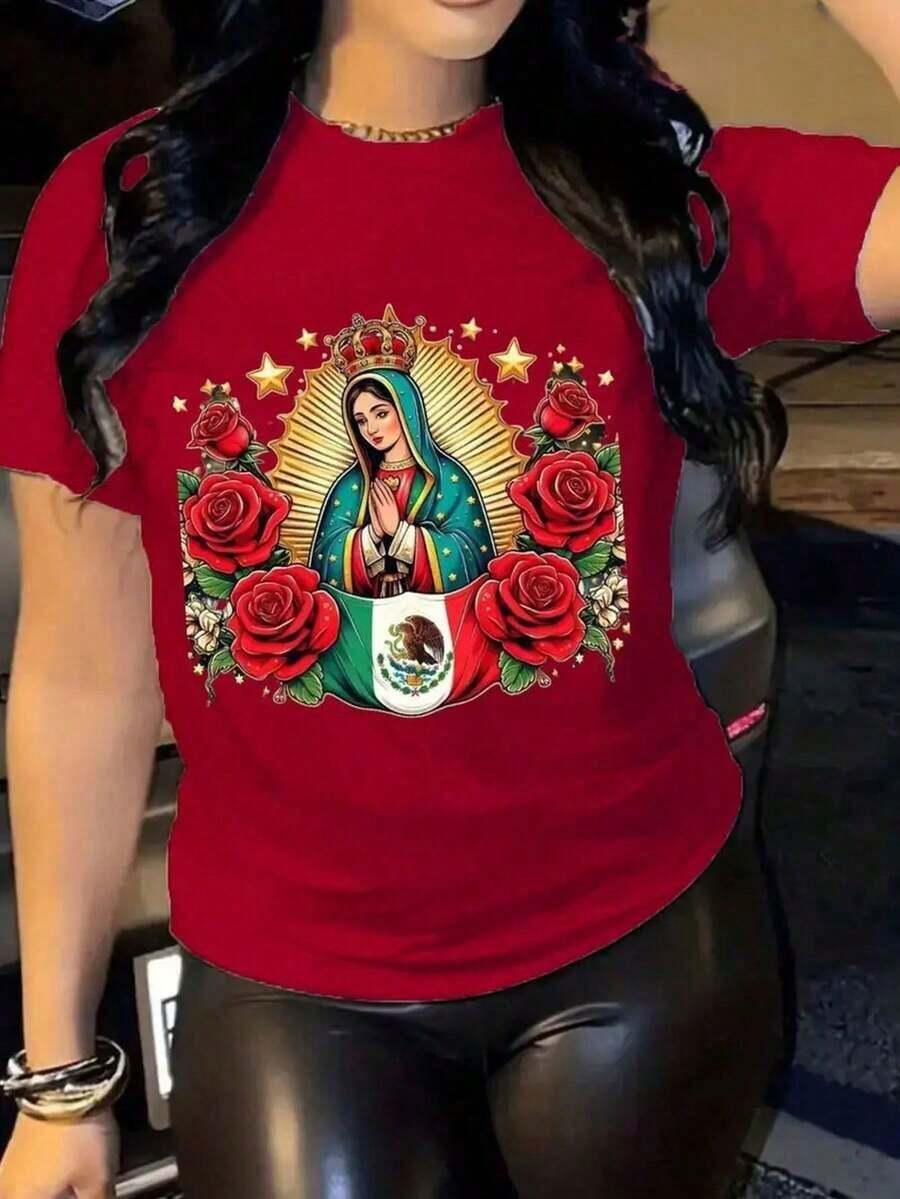 Women's Graphic T-Shirt, Short Sleeve, Round Neck, Basic, Comfortable, Cool, Lightweight, Mexican Print, Virgin Of Guadalupe, Roses, Flag, Vintage Oversized Graphic T-Shirt For Women, Cotton - 紅色的 - 查看 1