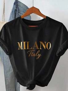 Camiseta de mujer con cuello redondo y estampado de letras, estilo casual, sencilla y a la moda, adecuada para el verano. - Negro - Ver 5