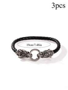 1pc Men's Punk Wolf Head Viking Leather Bracelet, 19/21/23cm - Multicolor - View 12