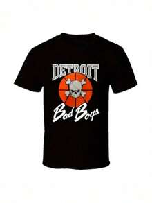 Detroit Bad Boys Print T-Shirt Men's Letter Short Sleeves, Crewneck Comfortable Top Men's Fashion T-Shirt, 100% Cotton, Four Seasons Street T-Shirt Men, Outdoor Casual Sports Short Sleeves, Regular Edition Top, Everyday Wear, Fun Holiday Gifts - 黑色 - 查看 1
