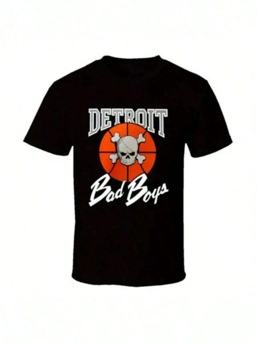 Detroit Bad Boys Print T-Shirt Men's Letter Short Sleeves, Crewneck Comfortable Top Men's Fashion T-Shirt, 100% Cotton, Four Seasons Street T-Shirt Men, Outdoor Casual Sports Short Sleeves, Regular Edition Top, Everyday Wear, Fun Holiday Gifts - 黑色 - 查看 1