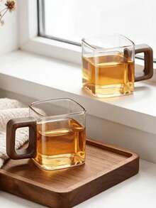 1/6 件装木柄玻璃杯，高硼硅玻璃茶杯，大容量饮用咖啡杯，家用奶茶果汁单层杯，小容量现磨咖啡杯，胡桃木柄咖啡杯，家用早餐奶茶杯及其他饮品杯，节日礼物，母亲节礼物，父亲节礼物，派对杯 - 彩色 - 查看 6