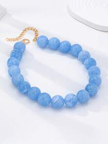 1 Pc Blue Turquoise Resin Beads Chunky Necklace For Women, Layering Beaded Statement Choker Necklaces Set, Boho Jewelry Accessories Gift - Multicolor - View 7