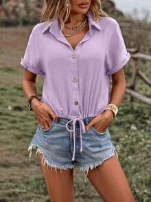 Camisa de verano para mujer, casual, suelta, de un solo botón y unicolor - Morado Violeta - Ver 5