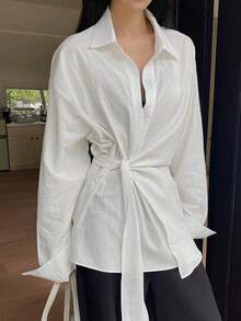 Blusa urbana y casual de manga larga con lazo lateral para mujer - Blanco 2 - Ver 9