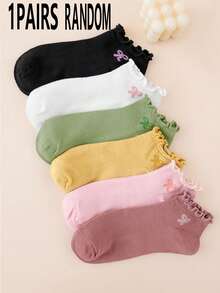 1/5/10/15/20 Pairs Random Women Solid Color Comfortable Breathable Simple Casual Campus Style Bow Ruffle Edge Short Socks - Multicolor - View 9