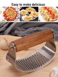 1个木柄二合一蒜蓉压榨器兼开瓶器，高品质不锈钢手动蒜蓉器，轻松制作蒜蓉，多功能厨房工具，家用烹饪，节日礼物 - 彩色 - 查看 2