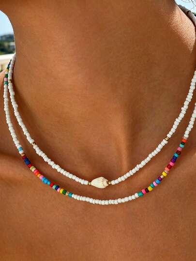 Bộ 2 dây chuyền hạt cườm hình vỏ sò phong cách Bohemian đa năng, dây chuyền choker hạt cườm nhiều màu sắc dành cho nam giới, phù hợp cho sử dụng hàng ngày, đi làm, đi biển, du lịch.