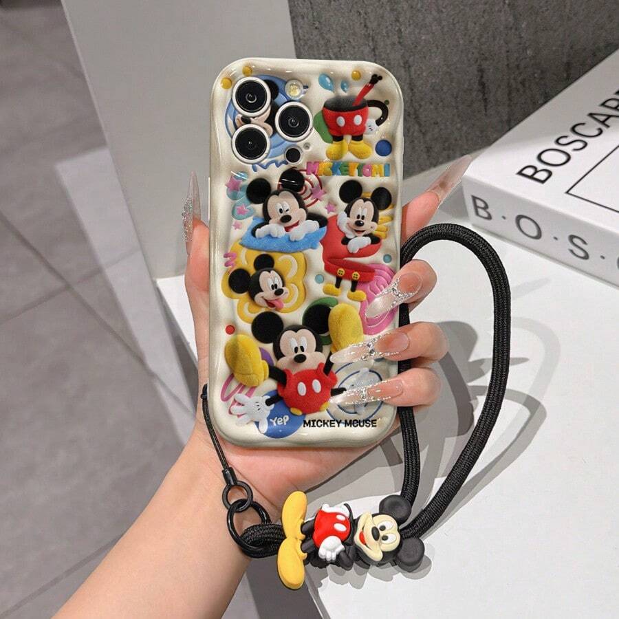 Disney Mickey Mouse Clubhouse Phone Case : 3D Fluffy Pattern Border Protector Phone Soft Phone Case With A Free Cute Mickey Bracelet Chain Lanyard, Mickey, Minnie, Goofy, Donald Duck, Daisy Duck, Pluto, For Apple 17 Promax 17 Pro 16 15 14 13 12 11 Pro Max XS Max X XR Soft Cover Summer Phone Case - trắng - Xem 1