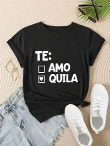Camiseta casual con estampado de diseño de casilla "Te amo Quila" para mujer, adecuada para todas las estaciones - BlancoComfortable, versatile short-sleeved top. - Negro - Ver 3