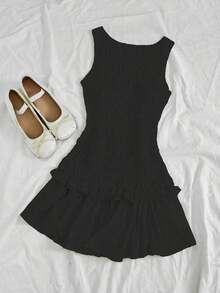 Vestido corto con volantes color albaricoque - Negro - Ver 6