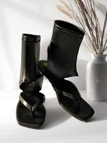 Women's Four-Season All-Match Square-Toe Thong Heeled Sandals, Stylish Elastic Ankle Booties, Comfortable Mid-Heel Dress Shoes For Daily Wear, Parties And Special Occasions. These Versatile Footwear Pair Easily With Dresses, Jeans And More For Year-Round Use - Black - View 2