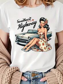Camiseta de Mujer con Estampado de Coche Vintage y Clásico - Manga Corta, Cuello Redondo, Top Casual con Automóvil Retro, Blusa Cómoda para la Temporada, Ideal para Estilo Casual y de Coche - Blanco - Ver 2