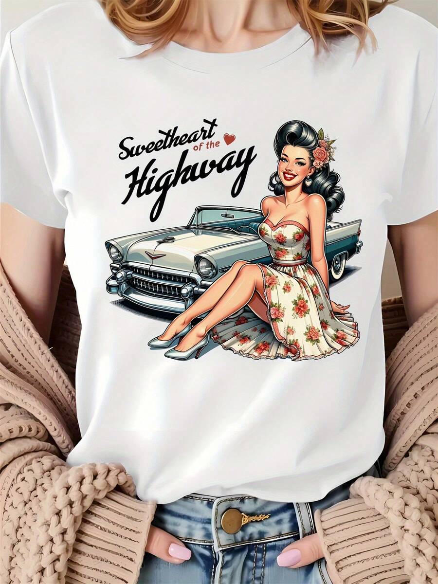 Camiseta de Mujer con Estampado de Coche Vintage y Clásico - Manga Corta, Cuello Redondo, Top Casual con Automóvil Retro, Blusa Cómoda para la Temporada, Ideal para Estilo Casual y de Coche