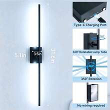 1 pieza/2 piezas Lámpara de pared negra/dorada, decoración de pared para fondo de TV, luz para dormitorio/sala de estar, aplique de pared moderno: compartimento de batería recargable desmontable, con control remoto, luz de pared rectangular - Batería recargable de gran capacidad, cable de carga Tipo C de 80 cm, instalación sin taladrar - Negro - Ver 4
