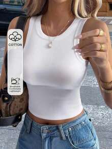 Camiseta de tirantes ajustada de unicolor para mujer, uso diario minimalista y casual - Blanco - Ver 8