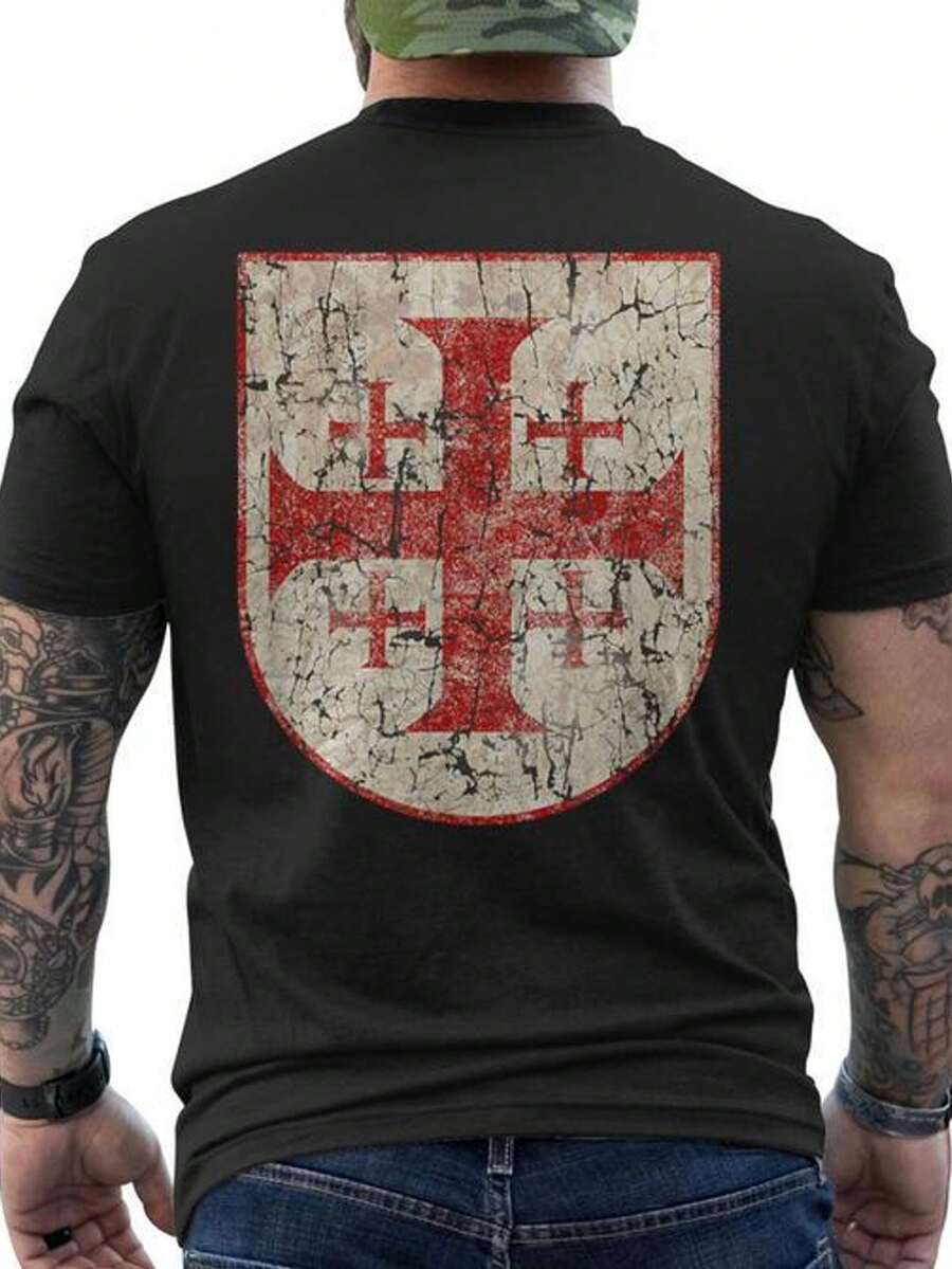 Men's T-Shirt With Embossed Jerusalem Cross And Print On The Back - Religious Symbol T-Shirt, Short Sleeves, Crew Neck, Casual Style, Comfortable And Breathable Fabric For Religious Events And Casual Wear. Loose And Comfortable For Summer. - Black - View 1