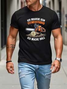 Men's Plus Size T-Shirt With Graphic Print "I Don't Need A Gym, A Chainsaw, And Money" | Retro 180gsm Fitness T-Shirt With German Slogan Print, Casual Gym And Everyday Wear, Machine Washable, Crew Neck, Short Sleeve, All Seasons, Men's (Plus And Tall Sizes Available). Loose And Comfortable For Summer. - Black - View 7