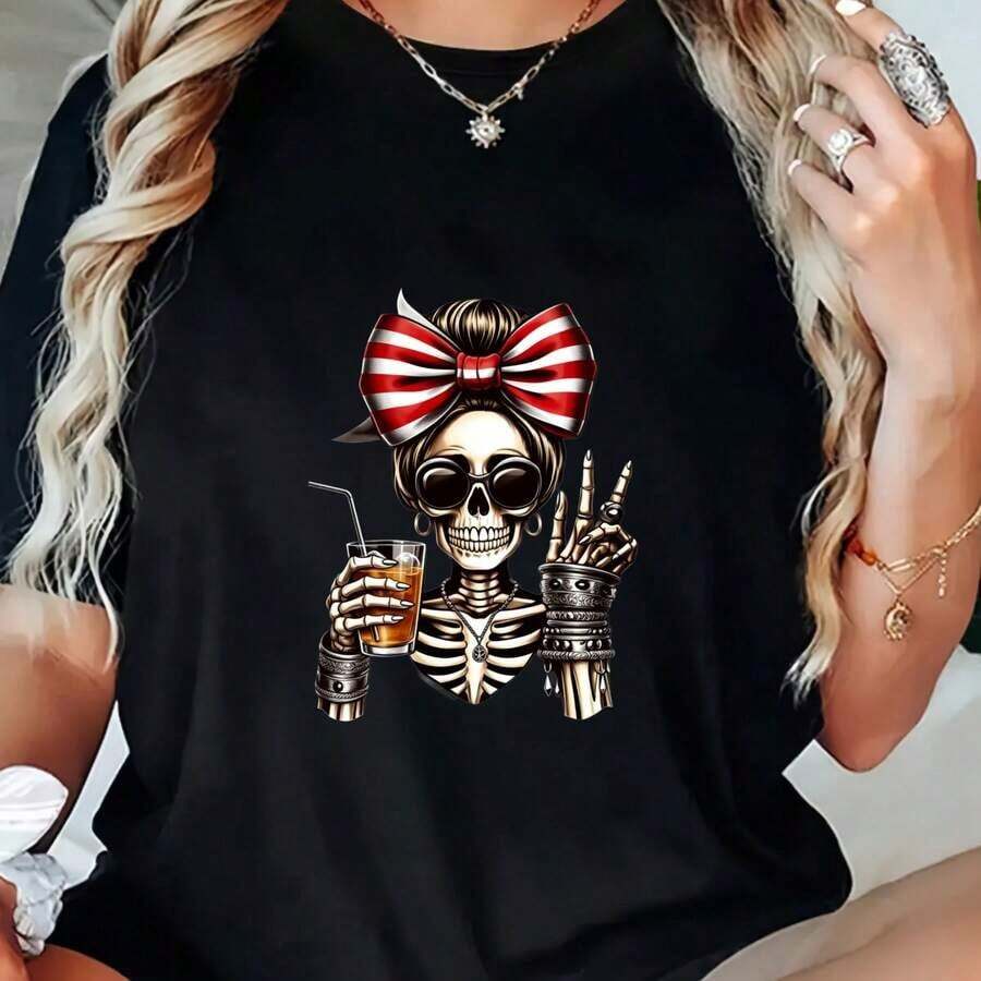 Camiseta Unisex Elegante con Estampado Tropical Ideal para Vacaciones y Fiestas de Halloween y Día de la Independencia de México - Negro - Ver 1