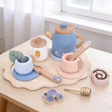 儿童逼真乡村风格下午茶套装，幼儿园角色扮演茶会木制玩具，生日/节日礼物 - 彩色 - 查看 12