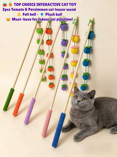 2pcs Tomato & Persimmon Shaped Cat Teaser Wands - Felt Fruit Plush Cat Toys With Bells, Interactive Fluffy Ball Cat Wands For Indoor Cats, Kitten Exercise & Entertainment Toys, Ideal For Cat Interactive Play