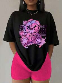 Camiseta de oso colorido estampado gráfica - Diseño único  moda joven - Ideal para primavera y verano - Tallas S-XL disponibles en negro - Ropa casual moderna - Popular entre adolescentes - Negro - Ver 4