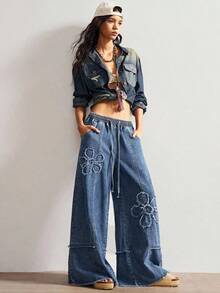 Jeans de pierna ancha de unicolor casual para mujer - Azul lavado oscuro - Ver 6