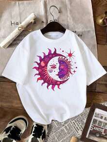 100% Cotton. Leisure, Fashion: 1 Piece Of Women's Summer Clothing, Daily T-Shirt With Sun, Moon, Face, Eyes And Stars Prints, Elegant Women's Clothing, Style: Round Neck, Short Sleeves, Loose Fit, A Gift For Yourself/Family/Partner/Friends, Casual But Fashionable, Fun Design, Spring Clothing, Comfortable, Loose. - 白色 - 查看 7