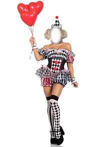 Womens Clown Costume, Off Shoulder Shorts Jumpsuit Sleeves Collar Hat And Stockings 5 Pcs Set, Halloween Costumes - 黑色 - 查看 2