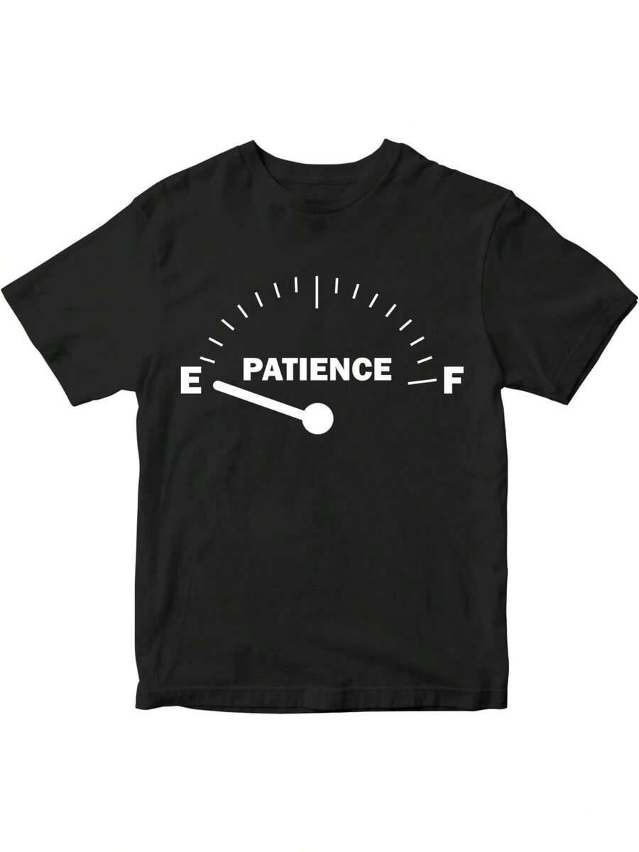 T-Shirt - Black With Humorous Letter Print "Patience Level Chart", Soft And Breathable Fabric, Casual Short-Sleeved Top With Round Neck, Suitable For Outdoor Activities, Travel And Fitness, Combining Fashion And Comfort. - 黑色 - 查看 1