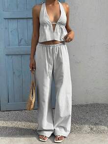 SunnyBelle 2 piezas Conjunto de mujer con rayas azules y blancas: Top halter sin espalda de cuello en V profundo de algodón y pantalones anchos de cintura alta con cordón, look casual de moda para vacaciones y uso diario, primavera/verano - Gris - Ver 6