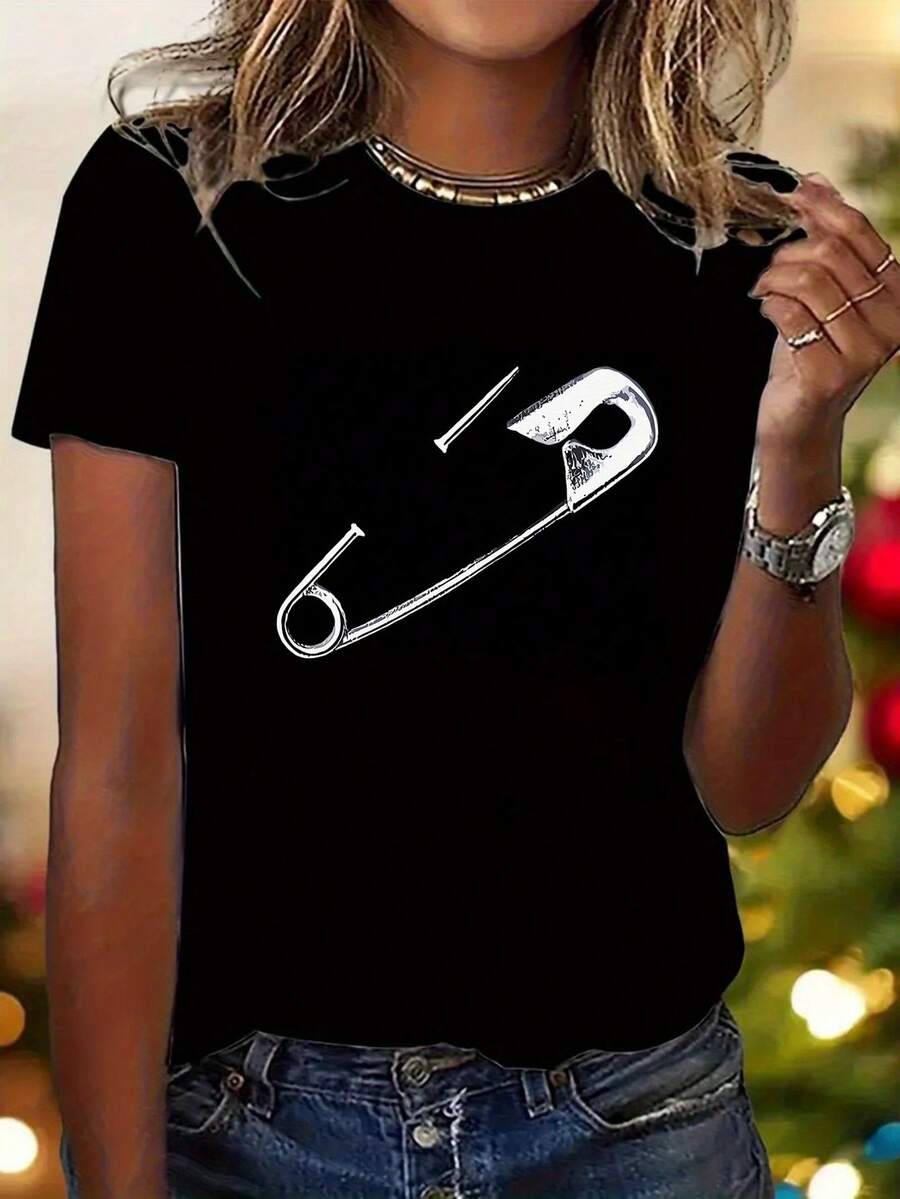 Camisa de manga corta con estampado de pines estilo Y2K para mujer - Negro - Ver 1