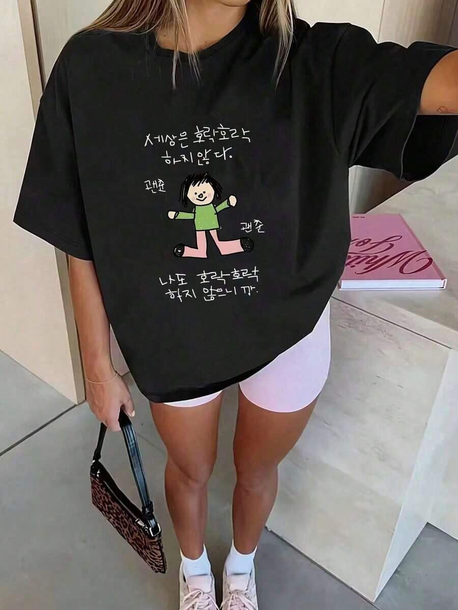 Women's Short-Sleeved T-Shirt, Casual And Simple, Decorated With Cartoon Character Prints, Modern And Versatile. Black. Suitable As A Gift. Women's T-Shirt. Blouses > Elegant. Boho Chic - 黑色 2 - 查看 1